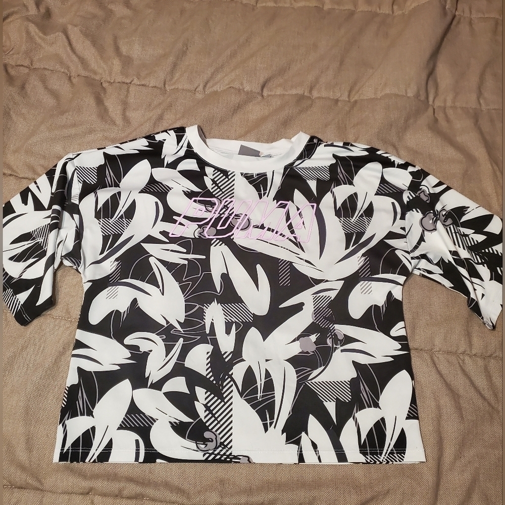 Puma Kids Girls Black White T-Shirt Pink Logo Short Sleeve Top Size M(8-10)